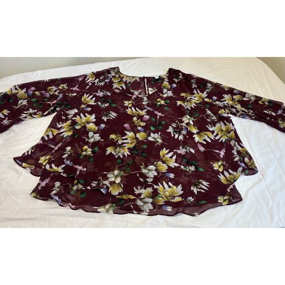 Boutique Women's Plus Size 3X Burgundy Floral 3/4 Sleeve Blouse Top Fairy Boho - Picture 3 of 10